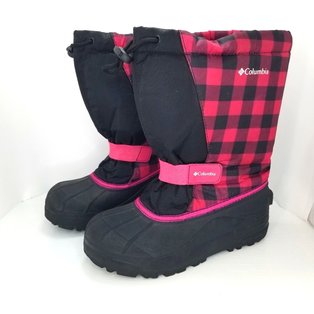 Columbia Girls Powderbug Pink & Black Plaid sz 5 Kids Winter Boots BY1281-011.